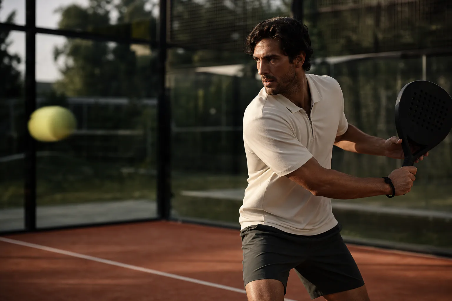 Padel player mid-swing on a glass court