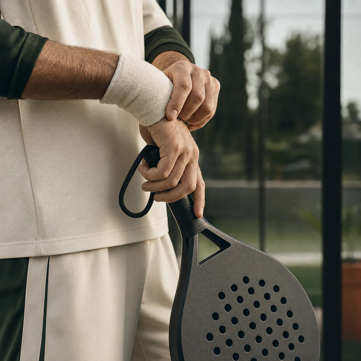 Player adjusting wristband beside a padel racket