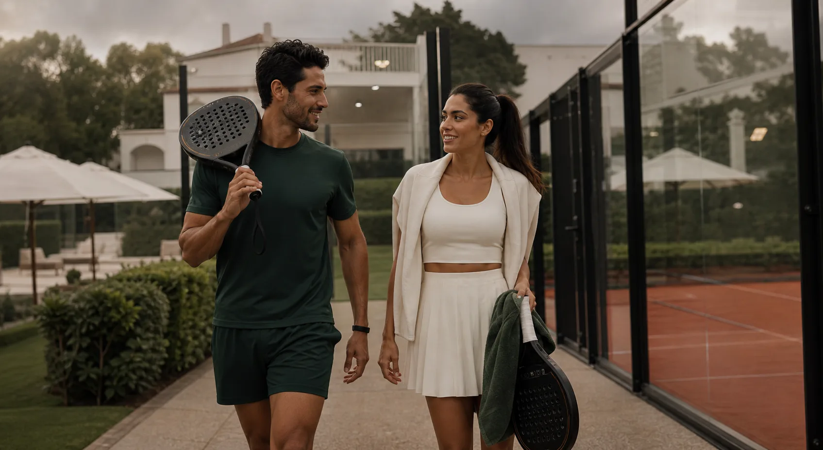 Two padel players walking at a private club